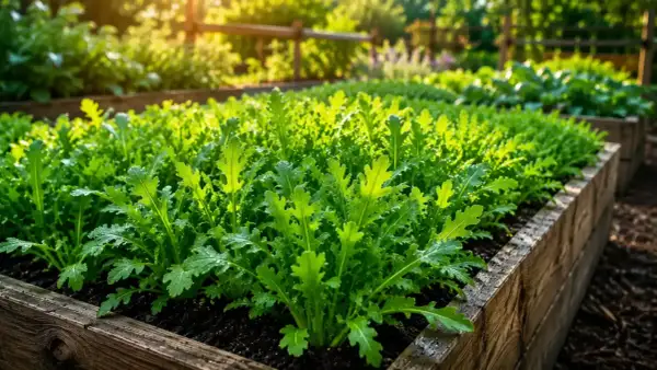 Un orto rialzato pieno di giovani piantine di lattuga, illuminate dalla luce dorata del sole. La semina lattuga è appena iniziata.