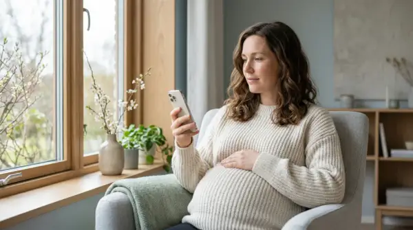 Gravid kvinna med synbortfall sitter i en fåtölj och tittar på sin mobiltelefon.