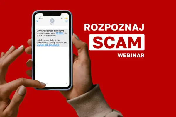 Rozpoznaj scam! Na ekranie telefonu wiadomość o rzekomej niedopłacie za przesyłkę i link do zapłaty.