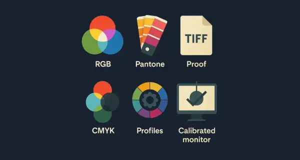 Ikony: RGB, Pantone, Proof, CMYK druk, Profiles, Calibrated monitor.