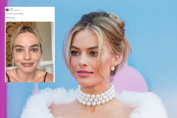Margot Robbie bez makijażu na zdjęciu z Twittera, obok jej wizerunku z wydarzenia.