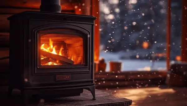 Poêle à bois crépitant, diffusant une douce chaleur. La ventilation assure une bonne circulation de l'air chaud, créant une ambiance cosy face à la neige qui tombe.