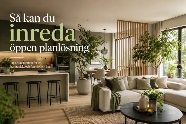 Inspirerande inrednings tips för en öppen planlösning. Ett modernt vardagsrum med soffa, matplats och kök i gröna toner.