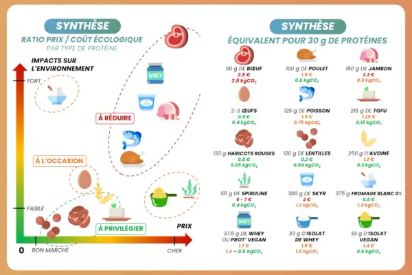 Graphique comparant le coût écologique des aliments avec le plus de protéines. Le tofu et les lentilles sont les plus avantageux.