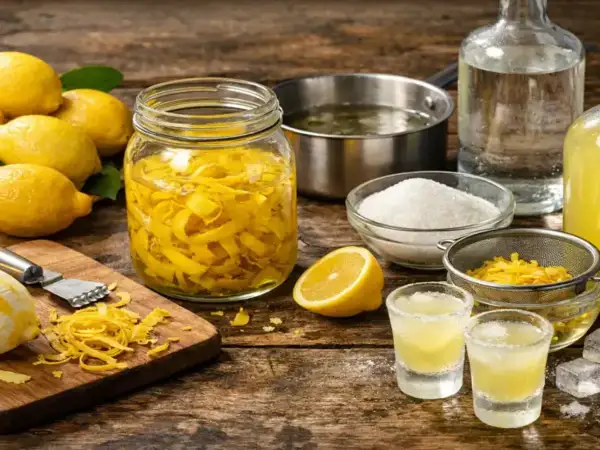 Préparation de la recette limoncello : citrons, écorces macérant dans un bocal, sucre, alcool et verres prêts à déguster.