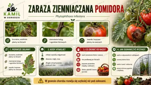 Zaraza ziemniaczana na pomidorach: brązowe plamy na liściach i owocach, ciemne łodygi. Objawy, kiedy atakuje, co robić i jak ograniczyć ryzyko.
