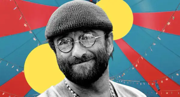Ritratto di Lucio Dalla con cappello e occhiali, su sfondo colorato con stelle filanti. Testi lucio dalla cosa sarà.
