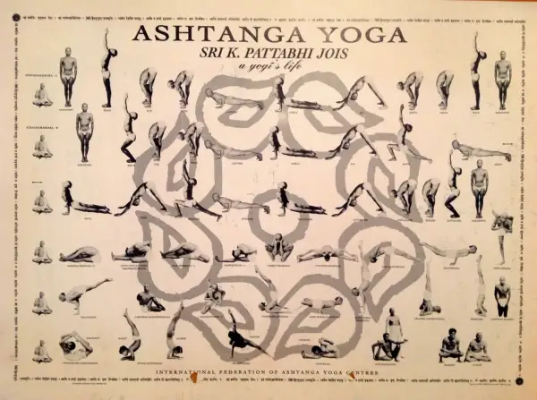 El cartel muestra las posturas de **ashtanga yoga que es** una secuencia de posturas físicas, respiración y meditación.