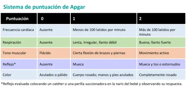 Tabla del test de Apgar: evalúa frecuencia cardíaca, respiración, tono muscular, reflejos y color del bebé.