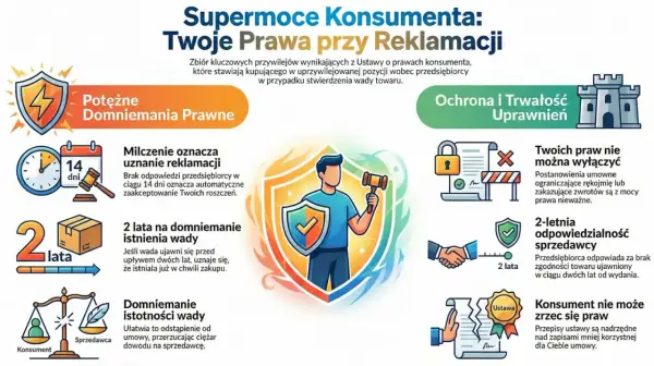 Supermoce konsumenta: prawa przy reklamacji. Grafika przedstawia prawa konsumenta, np. 2 lata odpowiedzialności sprzedawcy, milczenie oznacza uznanie reklamacji.