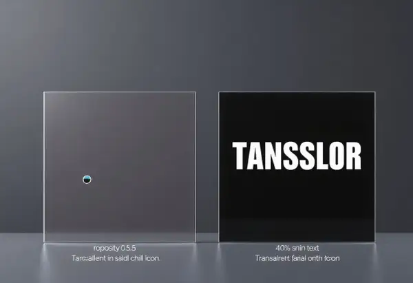 Deux panneaux : l'un transparent avec un petit cercle bleu et blanc, l'autre noir avec le mot "TANSSLOR" en blanc. Illustration de la transparence CSS.