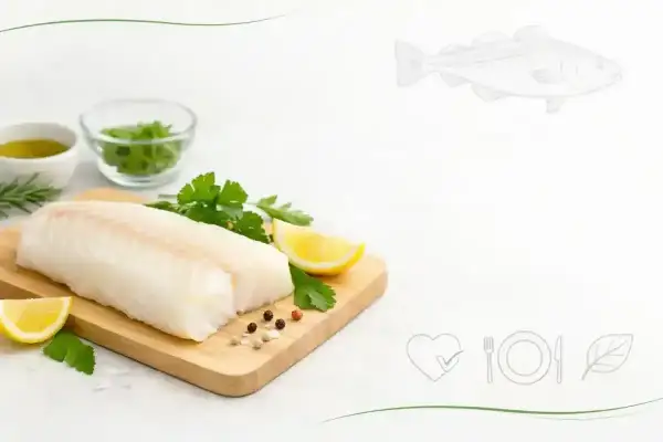 Świeży filet z dorsza na desce z cytryną i ziołami. Niska zawartość dorsz kcal czyni go idealnym wyborem dla dbających o linię.