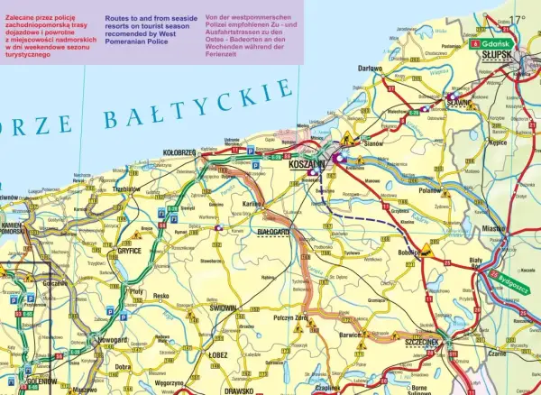 Mapa drogowa Pomorza Zachodniego z zaznaczonymi trasami rowerowymi Darłowo i okolic.