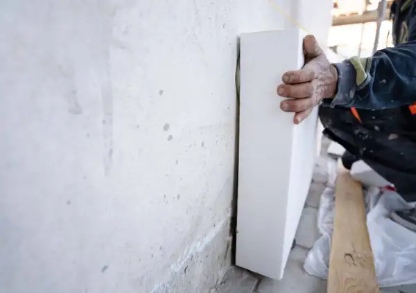 Mano di un operaio che posiziona pannelli di polistirolo, eccellenti materiali isolanti, contro un muro grezzo per l'isolamento termico.