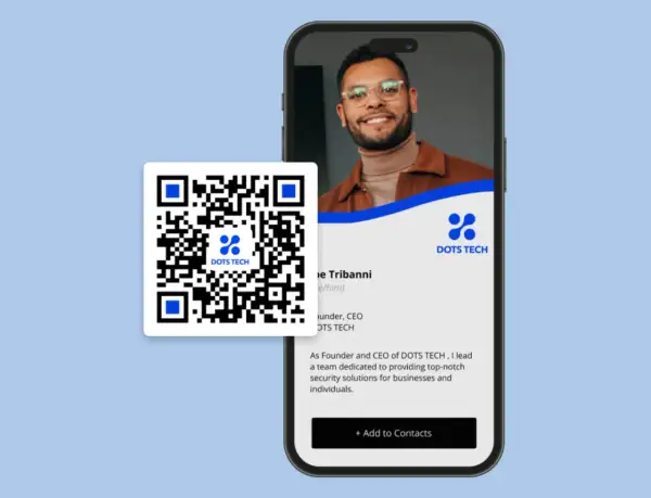 Digital business card examples: A QR code and smartphone display a digital business card for Joe Tribanni, Founder & CEO of DOTS TECH.