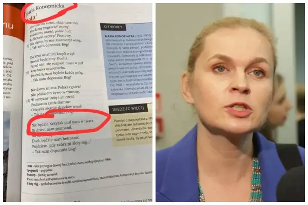 Rota hymnu Marii Konopnickiej, podkreślona w podręczniku, mówi o obronie ojczyzny. "Nie będzie Krzyżak pluł nam w twarz".