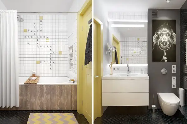 Une salle de bain enfant ludique avec des mots à la scrabble sur les murs. Une idée originale pour une décoration joyeuse et interactive.