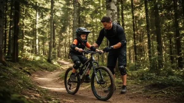 Ojciec uczy syna jazdy na rowerze po leśnych trasach. Dziecko w kasku i ochraniaczach, z pomocą taty, odkrywa uroki tras rowerowych dla dzieci.