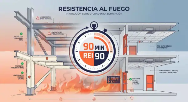 Ilustración de resistencia al fuego en edificaciones. Muestra acero protegido y no protegido, puertas cortafuegos y sistemas de techo, destacando la reacción al fuego de materiales CTE.