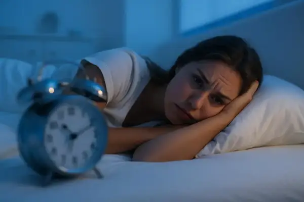 Zmartwiona kobieta leży w łóżku, patrząc na budzik. Zastanawia się, co zrobić, aby zasnąć.