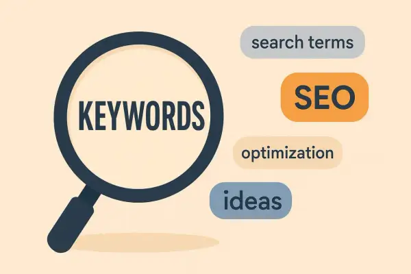 Lupa amplía la palabra "KEYWORDS". Al lado, burbujas con "search terms", "SEO", "optimization" e "ideas", clave para tus palabras claves Google.