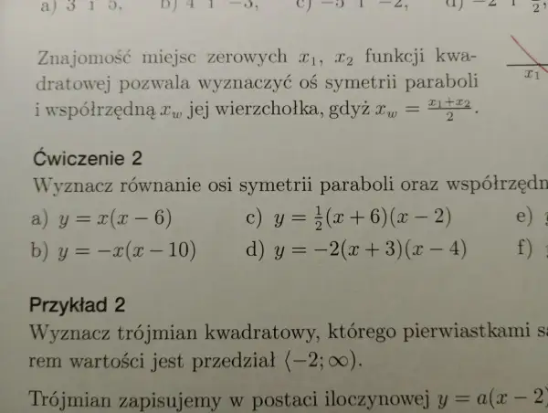 Fragment tekstu matematycznego z równaniami i wykresem paraboli.