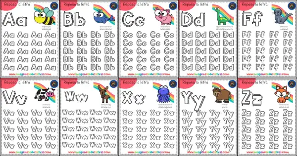 Hojas de caligrafía para imprimir con letras A-Z y dibujos de animales.