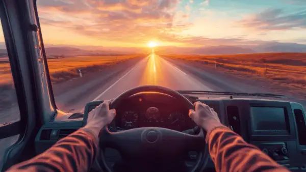 Mani sul volante, un tramonto dorato all'orizzonte. Un viaggio che aiuta a superare la paura di guidare, verso un futuro luminoso.