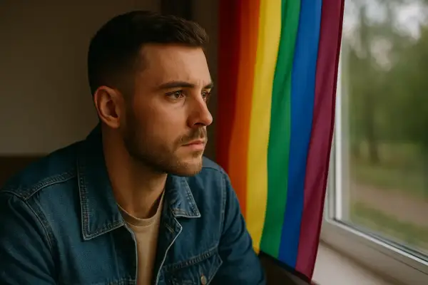 Mężczyzna w dżinsowej kurtce patrzy przez okno, za którym widać tęczową flagę. To symbol jego coming out.