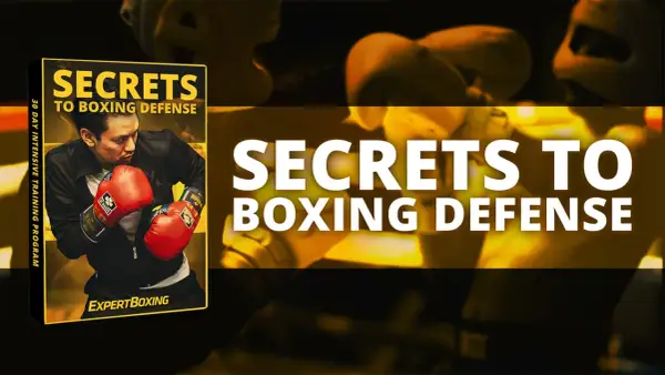 Book cover and graphic promoting "Secrets to Boxing Defense," featuring a boxer in red gloves and the title. Learn essential boxing defense tips.