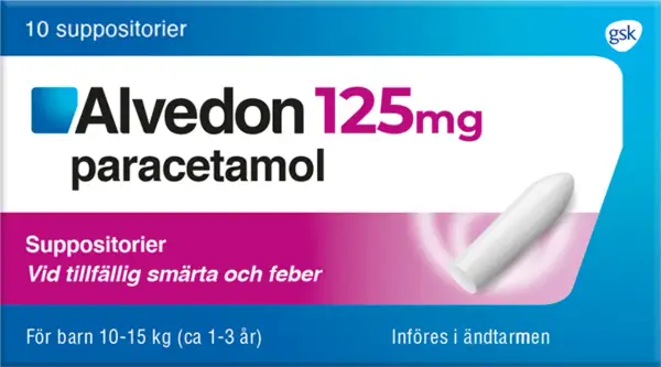 Alvedon 125mg paracetamol suppositorier för barn. 10 st. För lindring av smärta och feber hos barn 1-3 år.