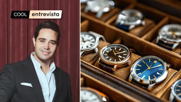 Entrevista sobre qué es el mercado gris, con un hombre en traje y una caja de relojes de lujo.