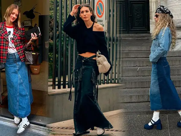 Tres mujeres lucen una falda vaquera larga. La de la izquierda, con chaqueta de cuadros y camiseta de Mickey. La del centro, con top negro y falda de cargo. La de la derecha, con chaqueta vaquera y pañuelo.