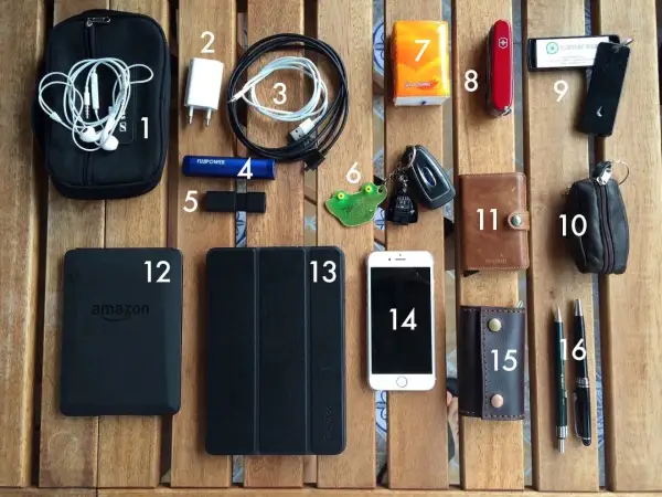 Organización de objetos para el everyday carry: auriculares, cargador, cables, power bank, USB, llavero, pañuelos, navaja, tarjeta, billetera, funda, móvil, tarjetero y bolígrafos.