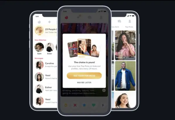 Ekran aplikacji randkowej, która wyjaśnia, co to jest Tinder i jak działają "Top Picks".