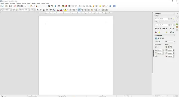 Interface de LibreOffice Writer, une application pour écrire un livre, avec des options de mise en forme de texte et de paragraphe visibles.