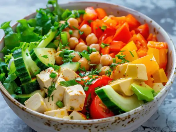 Salade colorée de pois chiches, concombre, poivrons, tomates et tofu en dés.