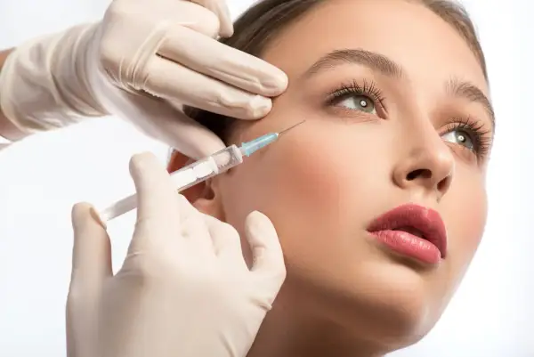 Delikatna aplikacja baby botox w okolicę oka. Dłoń w rękawiczce trzyma strzykawkę, wykonując zabieg.