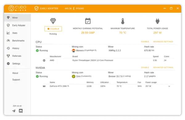 Program do kopania kryptowalut Cudo Miner pokazuje status kopania CPU i NVIDIA. Widoczny jest potencjał zarobkowy, temperatura i zużycie energii.