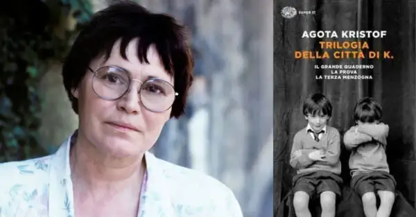Ritratto di Agota Kristof accanto alla copertina de "La trilogia della città di K.", che narra le vicende di due gemelli.