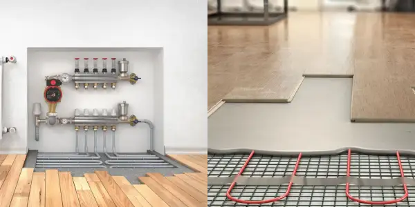 Système de chauffage par le sol : le réglage température plancher chauffant est assuré par un collecteur et des tuyaux intégrés sous le parquet.