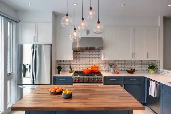 Cucina moderna con isola in legno, elettrodomestici in acciaio e pensili bianchi. Un modo per abbellire una cucina moderna è con tocchi di colore, come le pentole arancioni sul piano cottura.