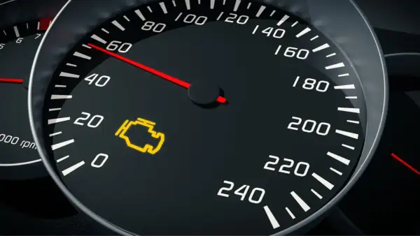 Testigo de fallo motor encendido en el tablero. El velocímetro marca 60 km/h.