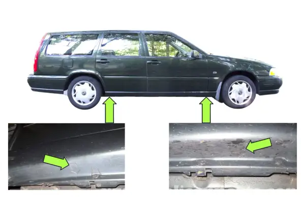 Grön Volvo V70 med pilar som visar lyftpunkter. Detaljbilder visar var man ska placera domkraften.