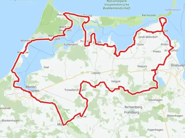 Mapa z zaznaczonymi trasami rowerowymi w Niemczech, wiodącymi przez malownicze wybrzeże i tereny nad Zatoką Bodenską.