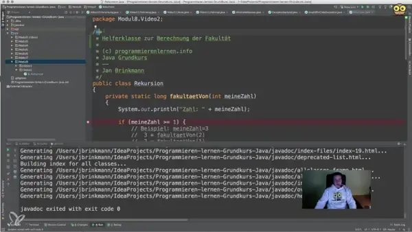 Un développeur écrit du code Java pour une classe de récursion calculant la factorielle. Le code utilise une méthode `static` pour la récursion.
