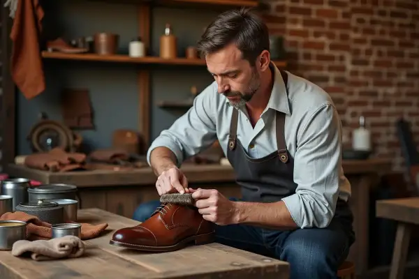 Un homme nettoie une chaussure en cuir marron avec une brosse. Il sait comment enlever du cirage sur des chaussures en cuir.