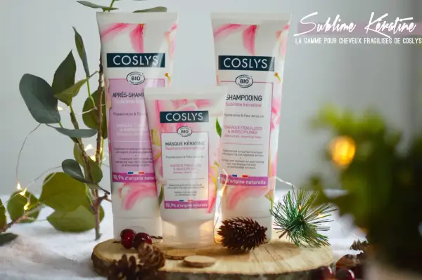 Gamme Coslys Sublime Kératine : après-shampoing, masque et shampoing pour cheveux fragiles. Soin à la kératine et fleur de lys bio.
