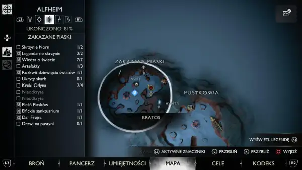 Mapa Alfheimu, obszar Zakazane Piaski. Kratos szuka kruków Odyna, pozostały 2 z 4.