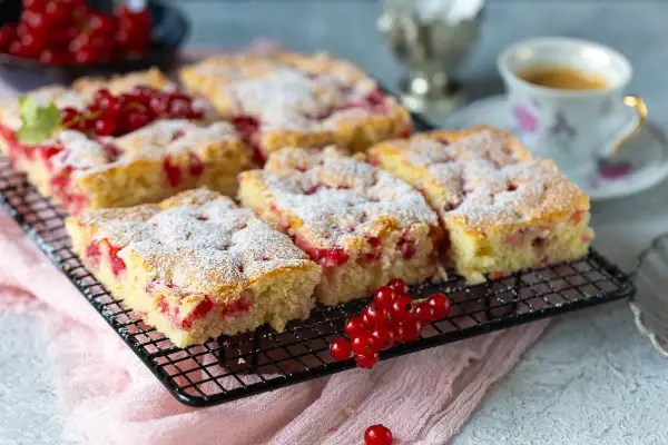 Saftiger Johannisbeer Kuchen, mit Puderzucker bestäubt, auf einem Gitterrost, daneben eine Tasse Kaffee und frische Johannisbeeren.